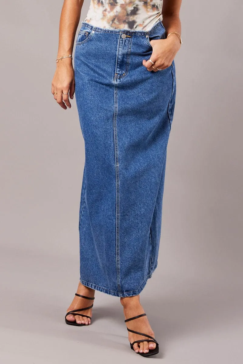 Breezy Edge Denim Maxi Skirt High Rise A-line Raw Edge Denim