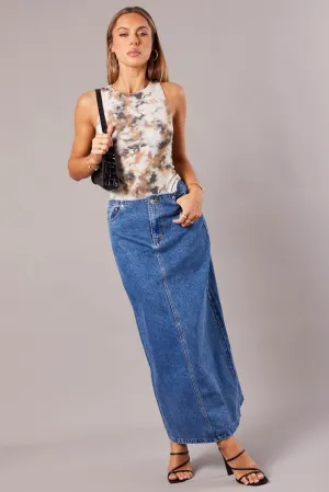 Minimalist Trim Denim Maxi Skirt High Rise A-line Raw Edge Denim