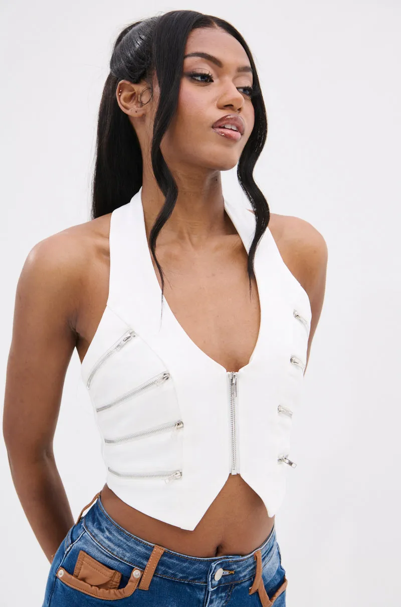 defensive role Water Resistant TOUCH ON ME ZIP HALTER TOP