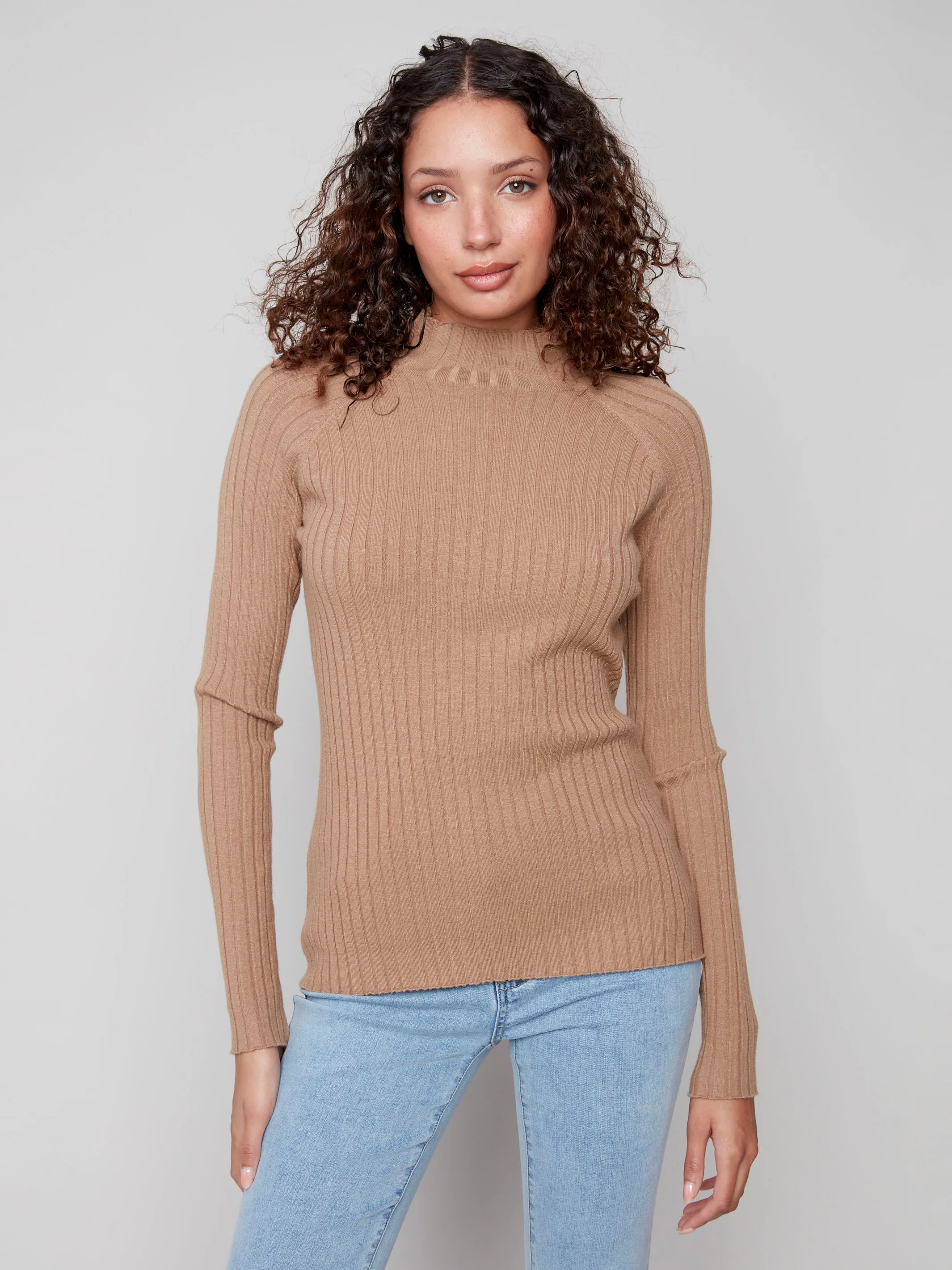 Non Static Fiber Tech Ribbed Knit Mock Neck Sweater - Truffle