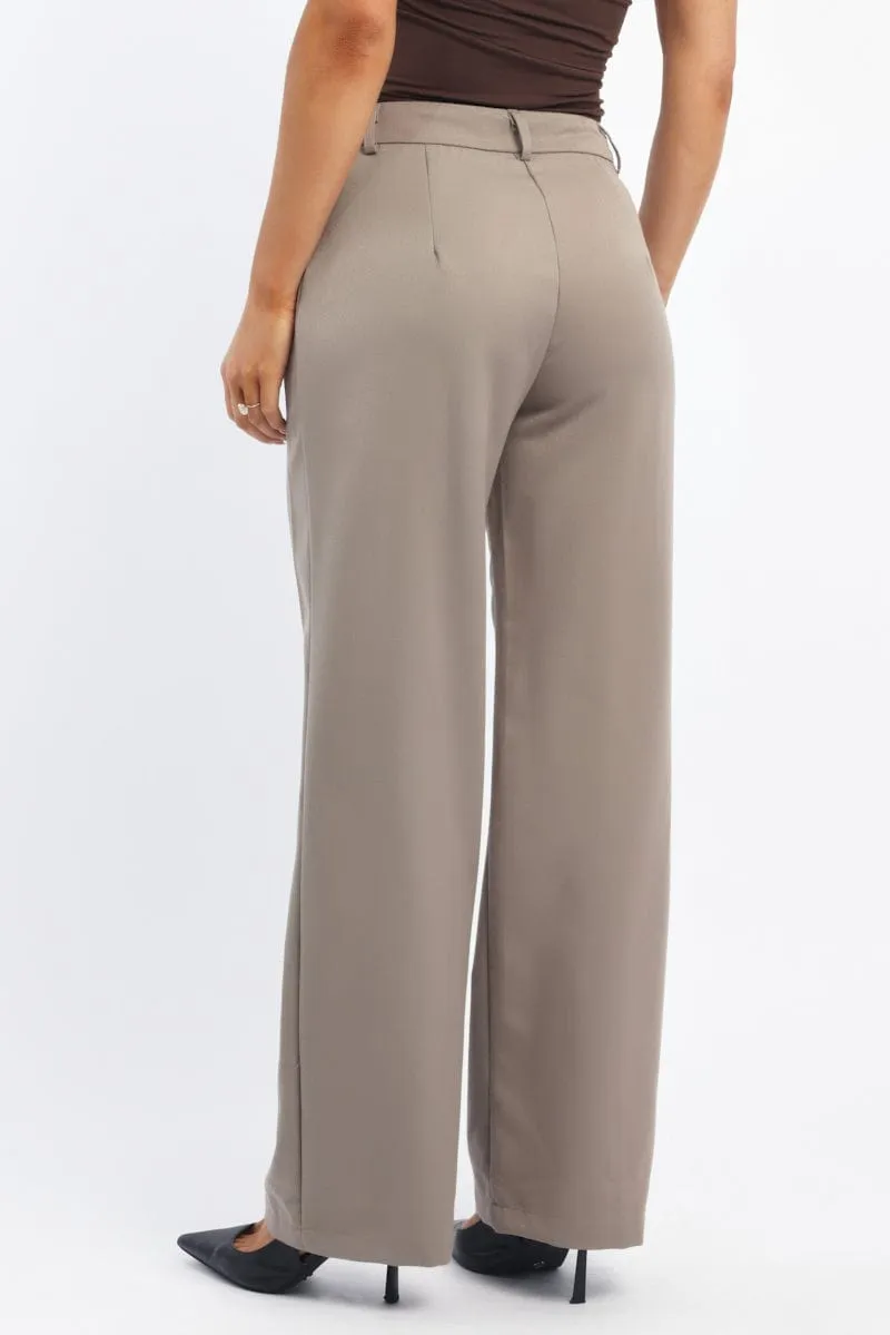 Fashionable Fit Beige Smart Pants High Rise