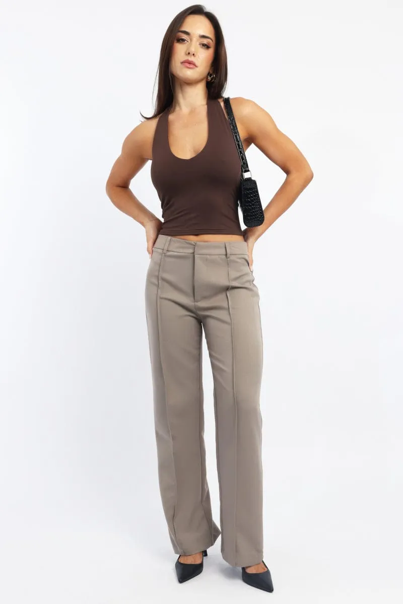 Beige Smart Pants High Rise Four Way Stretch