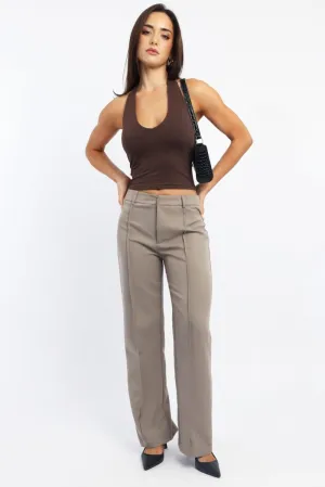 Beige Smart Pants High Rise Four Way Stretch