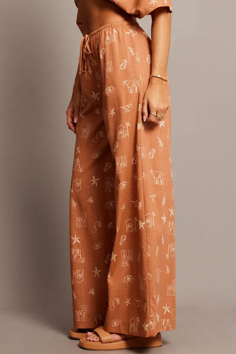 Flexible Knee Articulation Brown Abstract Wide Leg Pants High Rise
