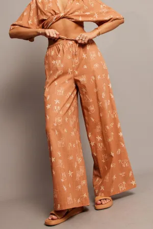 Brown Abstract Wide Leg Pants High Rise Flexible Activewear Functional Look