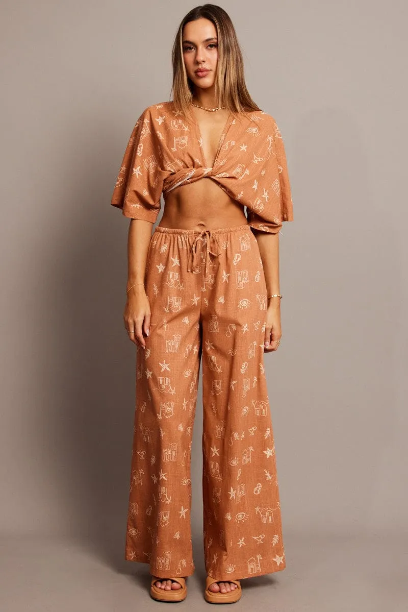 Brown Abstract Wide Leg Pants High Rise WaterRepellent Elasticized Cuffs