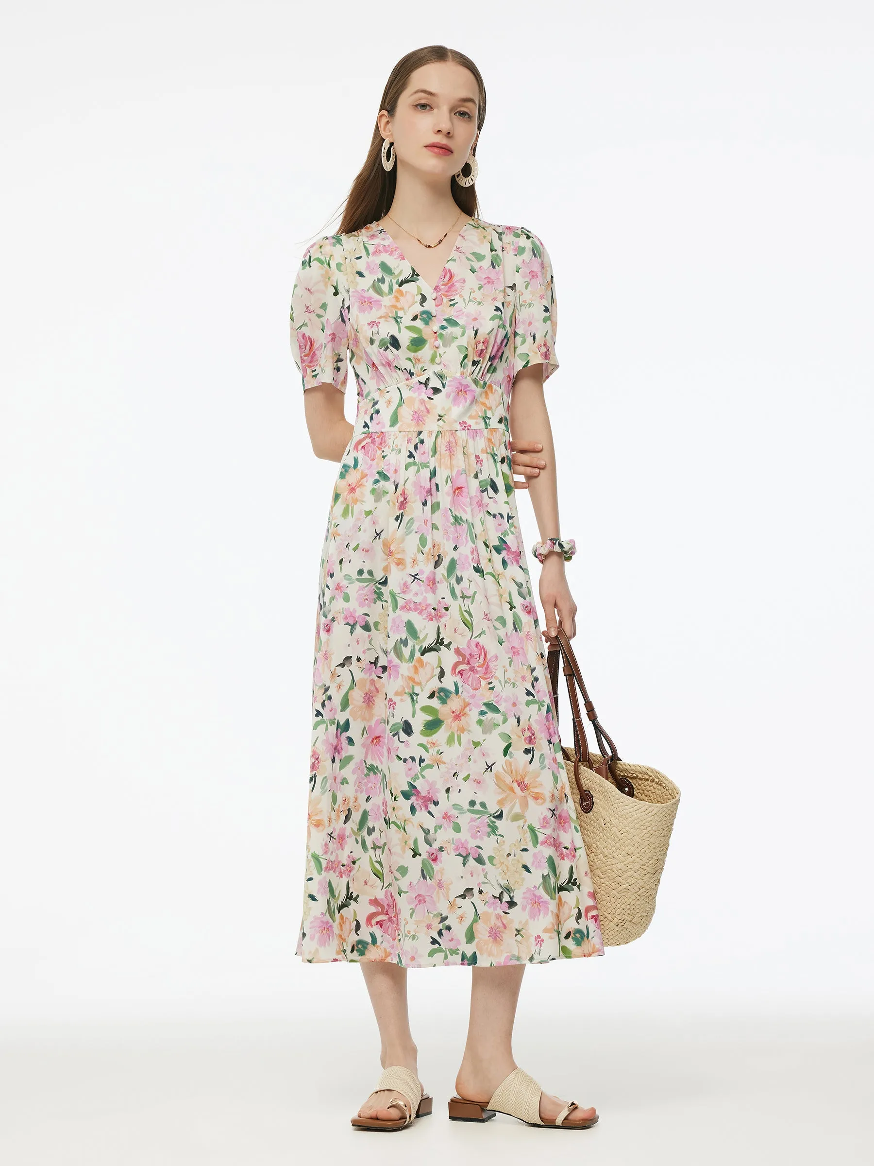 Trendy Look 19MM Mulberry Silk Floral Print V-Neck Women Maxi Dress