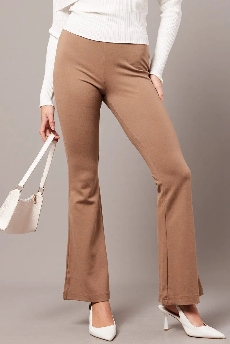 Brown Flare Leg Pants Ponte Soft Brush Lining Anti Bacterial Treatment