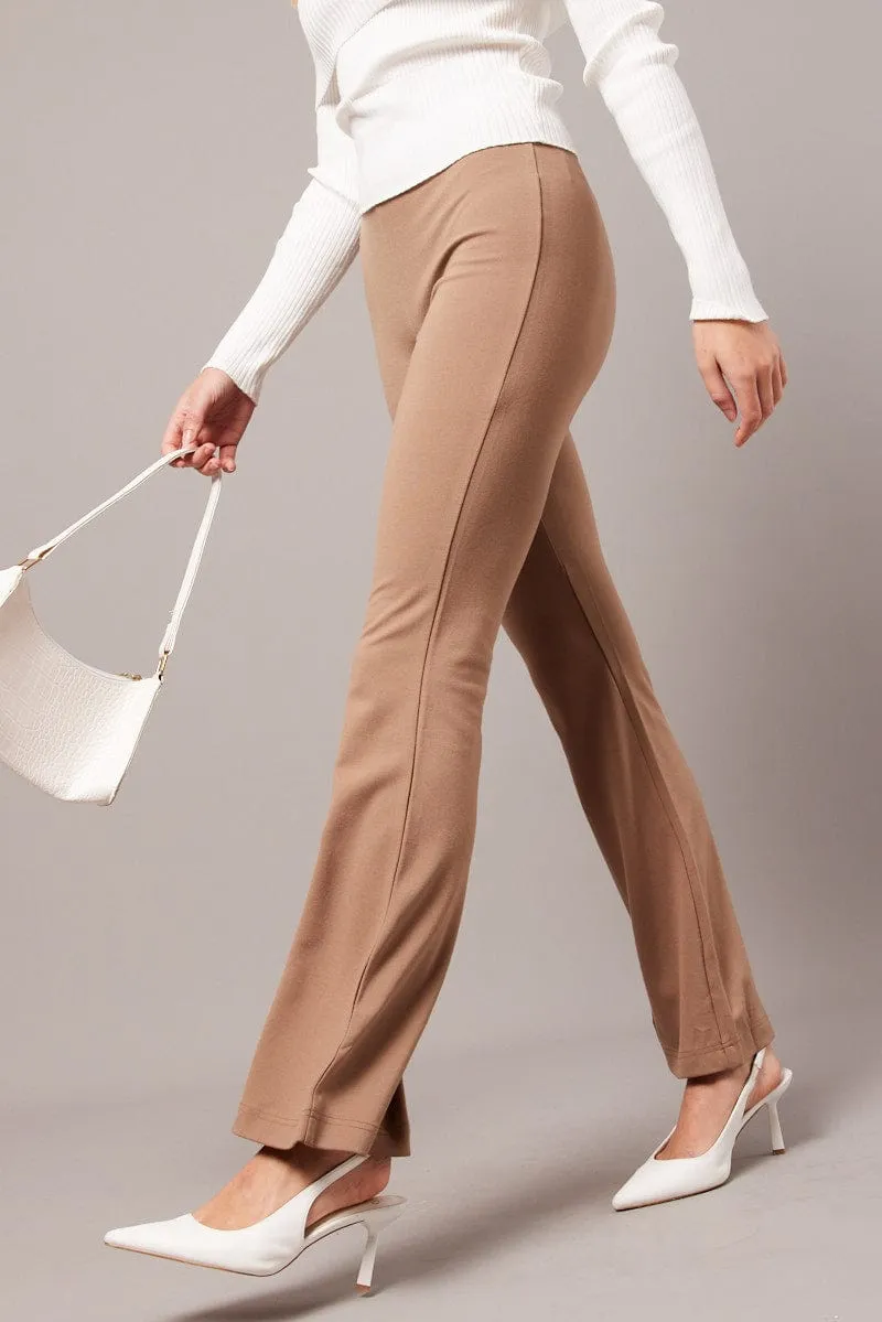 Brown Flare Leg Pants Ponte Lightweight Design Breathable Weave Fabric
