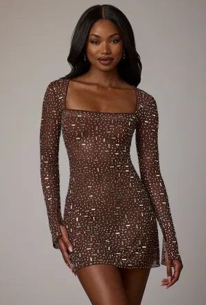 Sheer Embellished Long Sleeve A-Line Mini Dress in Deep Cocoa Soft Touch Moisture Management