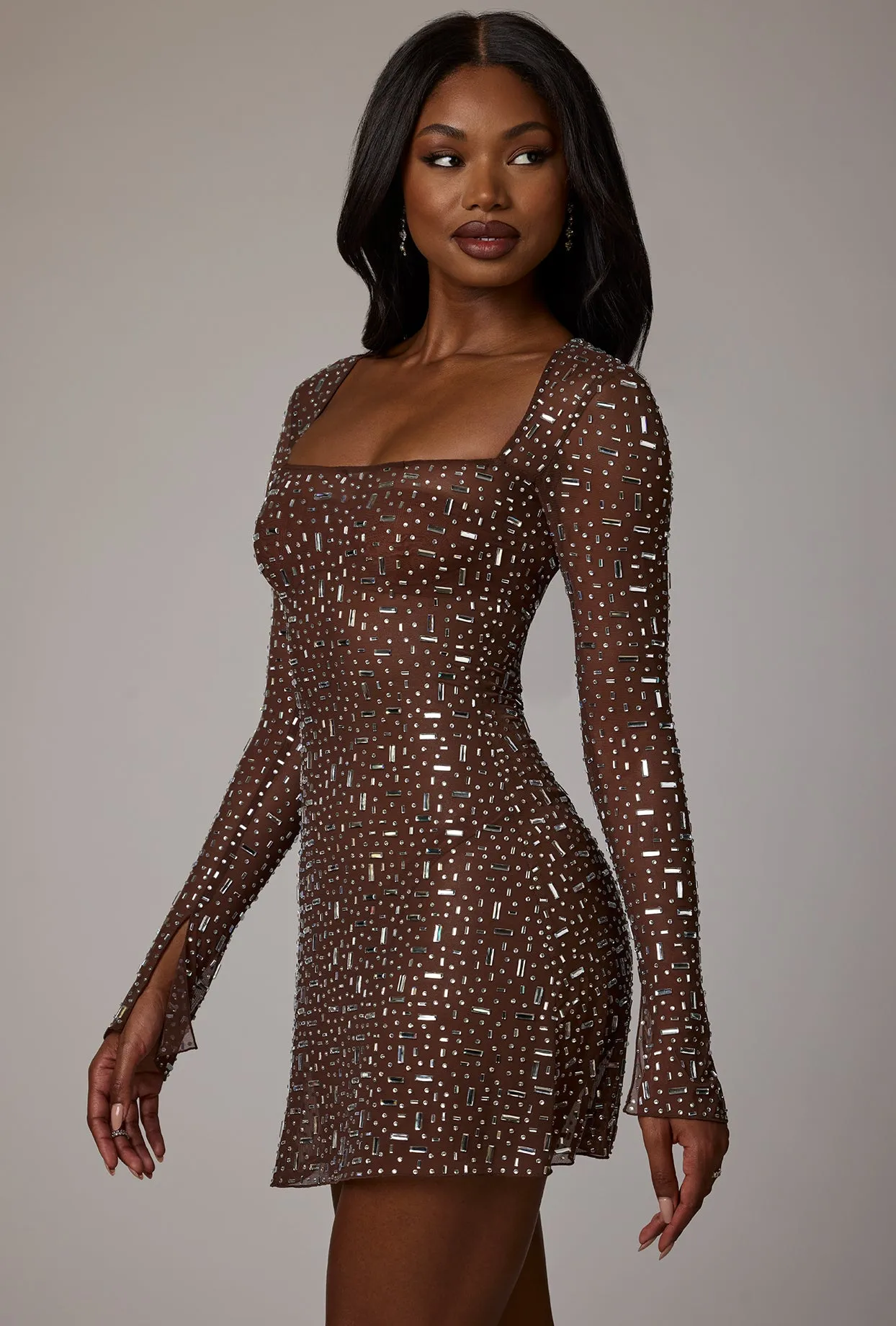 Sheer Embellished Long Sleeve A-Line Mini Dress in Deep Cocoa Youth Glow Sustainable production