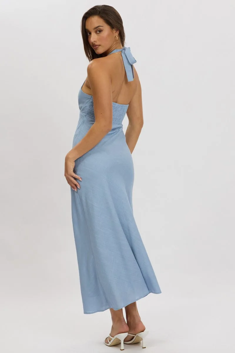 Mediterranean Cool Soft Grace Blue Midi Dress Halter Neck
