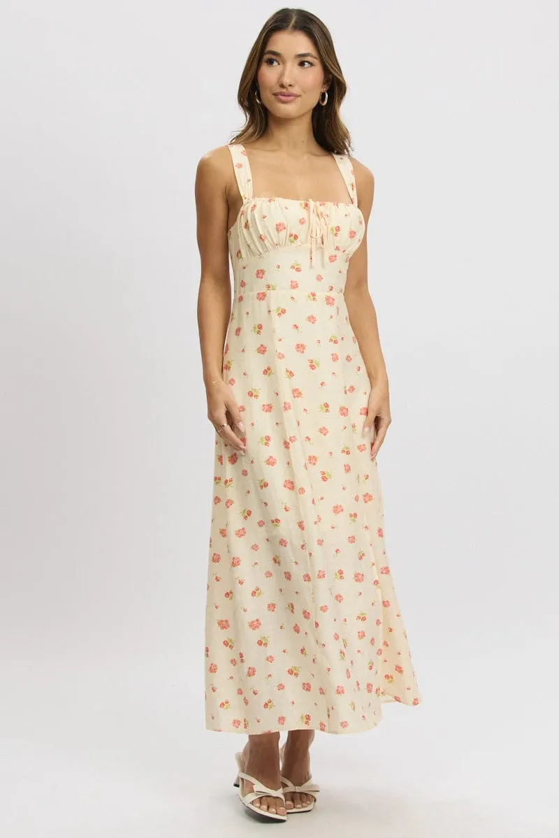 Polished Attire Spring Festival Pink Floral Midi Dress Gathered Bust