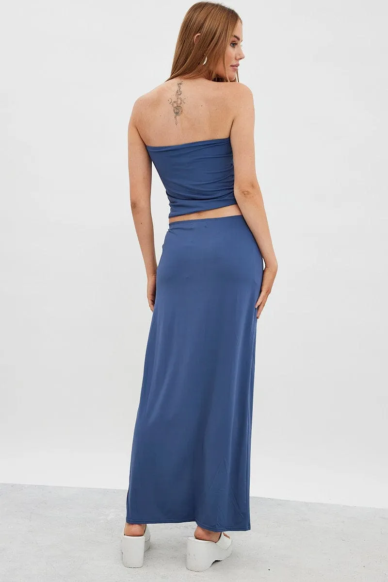 Blue Maxi Skirt Mid Rise Split Nylon Odor control Wedding guest