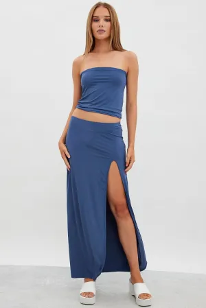 Multi Purpose Fabric Essential Style Blue Maxi Skirt Mid Rise Split Nylon
