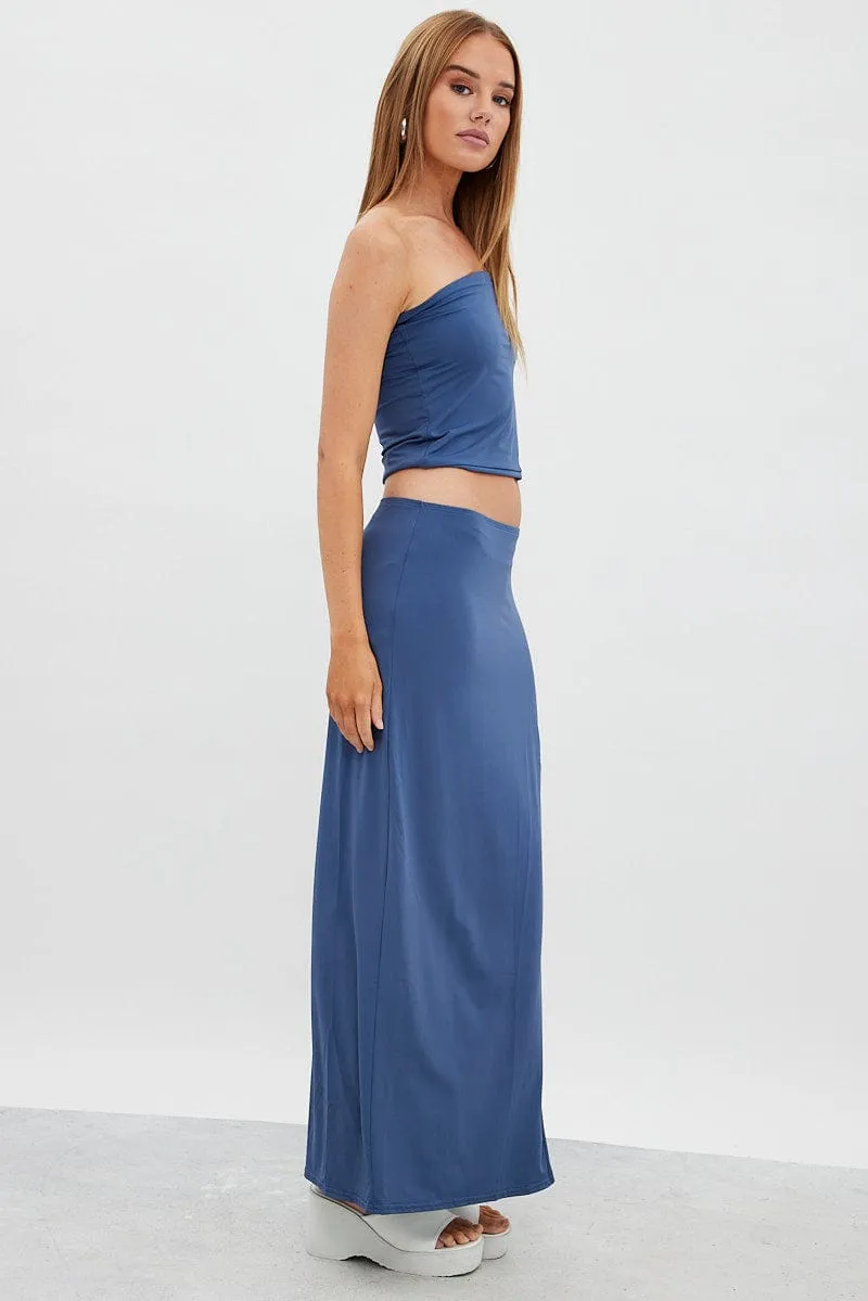 Modern Look Neutrals Only Blue Maxi Skirt Mid Rise Split Nylon