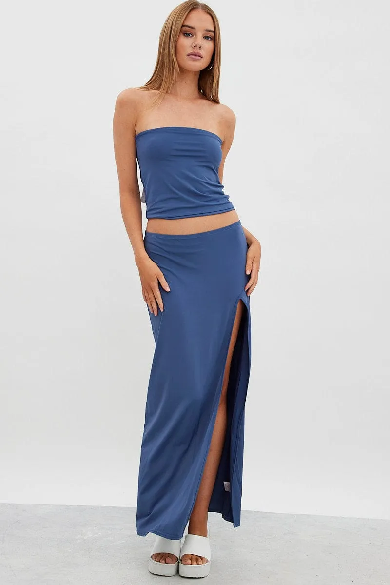 Design innovation Blue Maxi Skirt Mid Rise Split Nylon