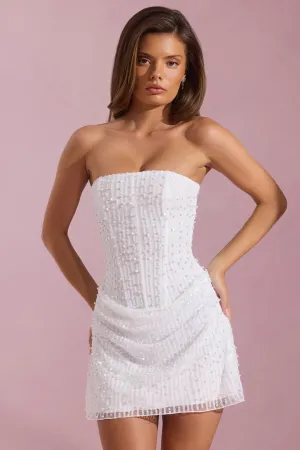Flattering Cut Embellished Draped Strapless A-Line Mini Dress in White