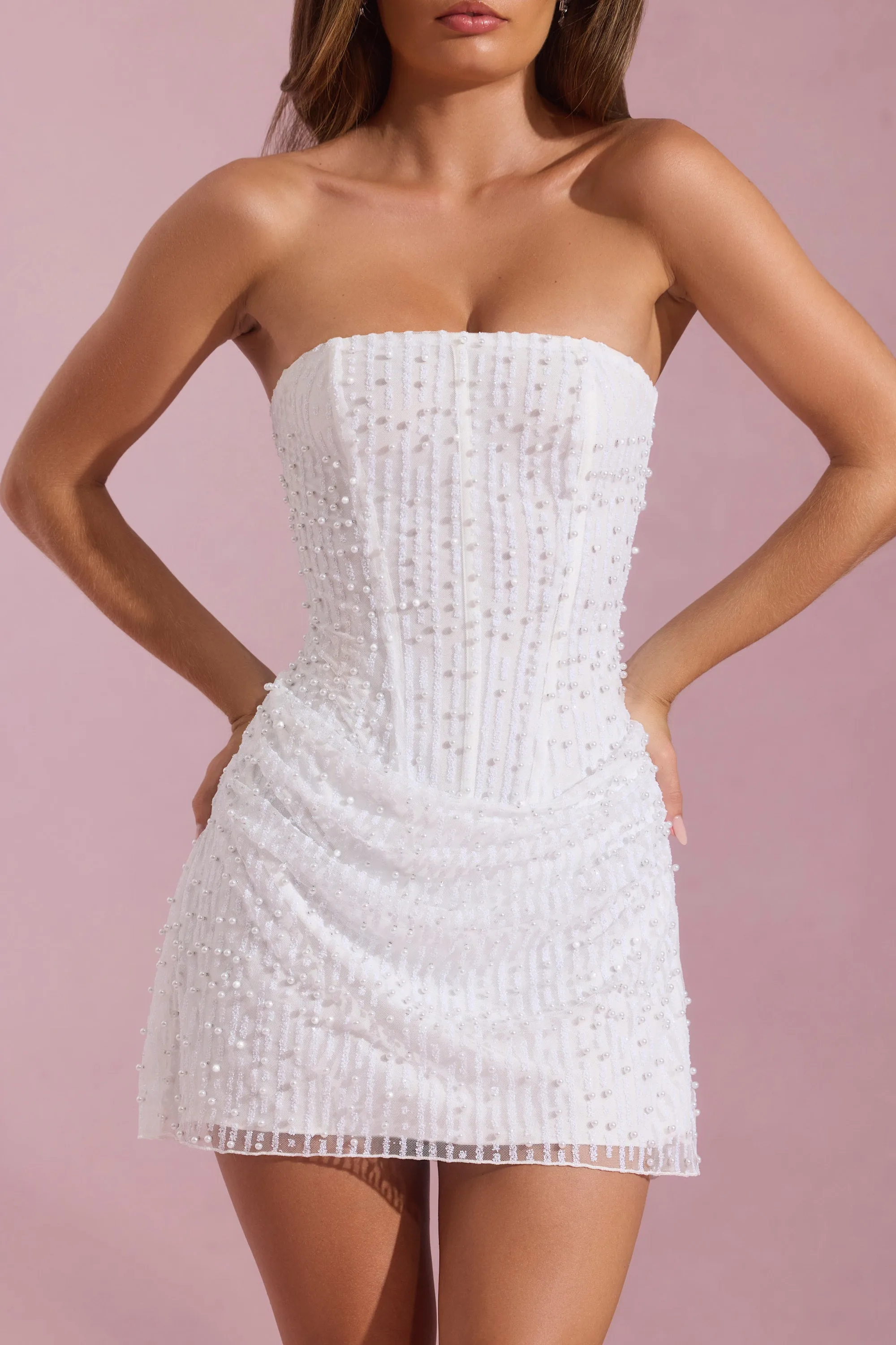 Embellished Draped Strapless A-Line Mini Dress in White Casual day dress