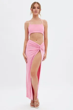 Pink Twist Maxi Skirt Gather Details