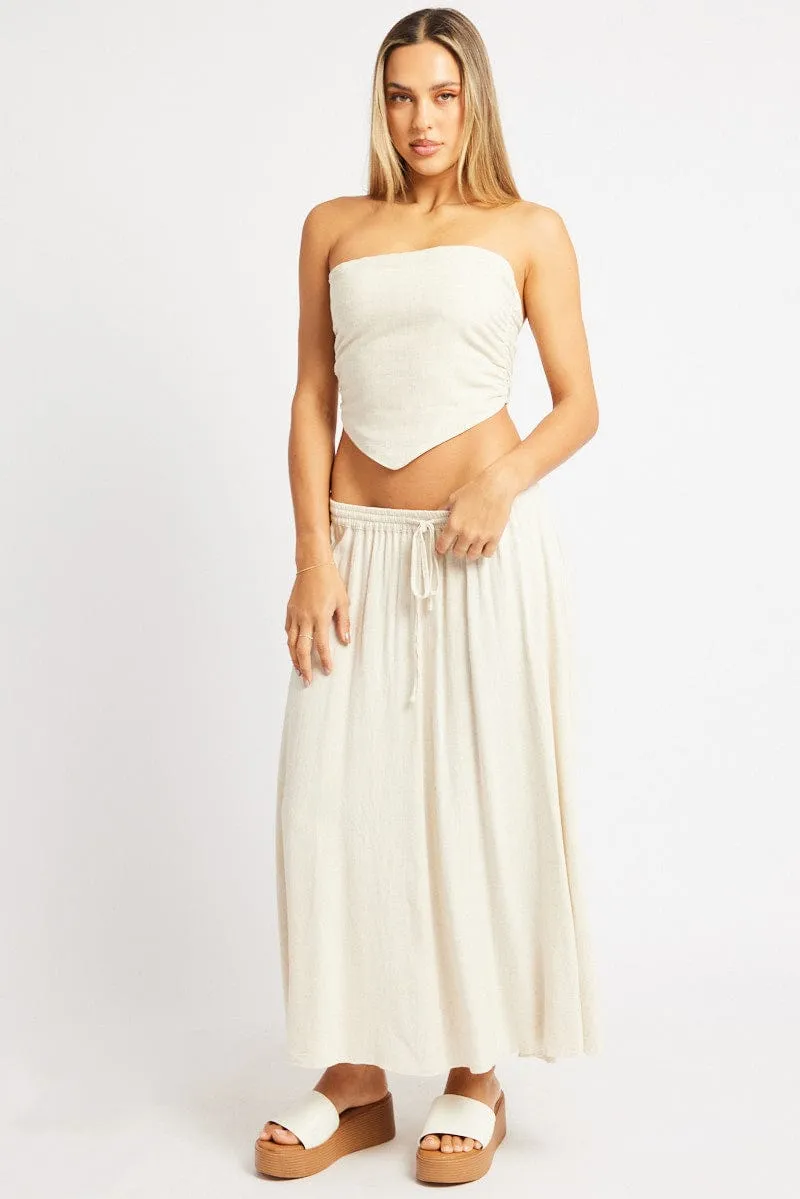 Statement Piece Patchwork Design Beige Midaxi Skirt High Rise Volume Linen Blend