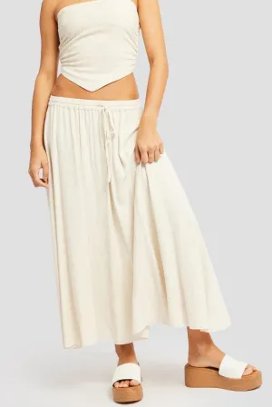 Beige Midaxi Skirt High Rise Volume Linen Blend Adjustable drawstring Minimal Look