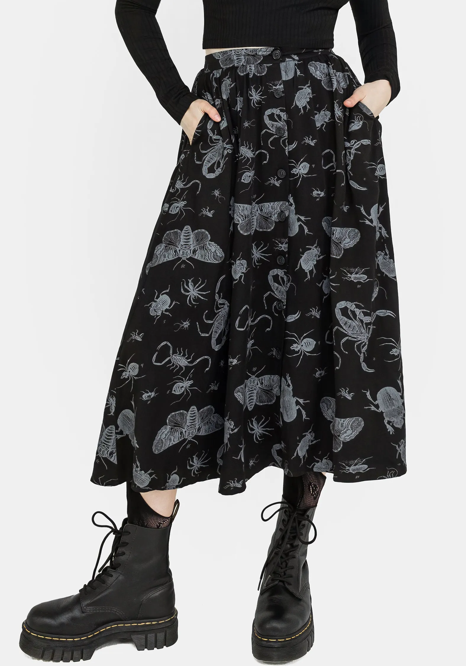 Monochrome Outfit Parasite Bugs Button Front Midi Skirt - Black