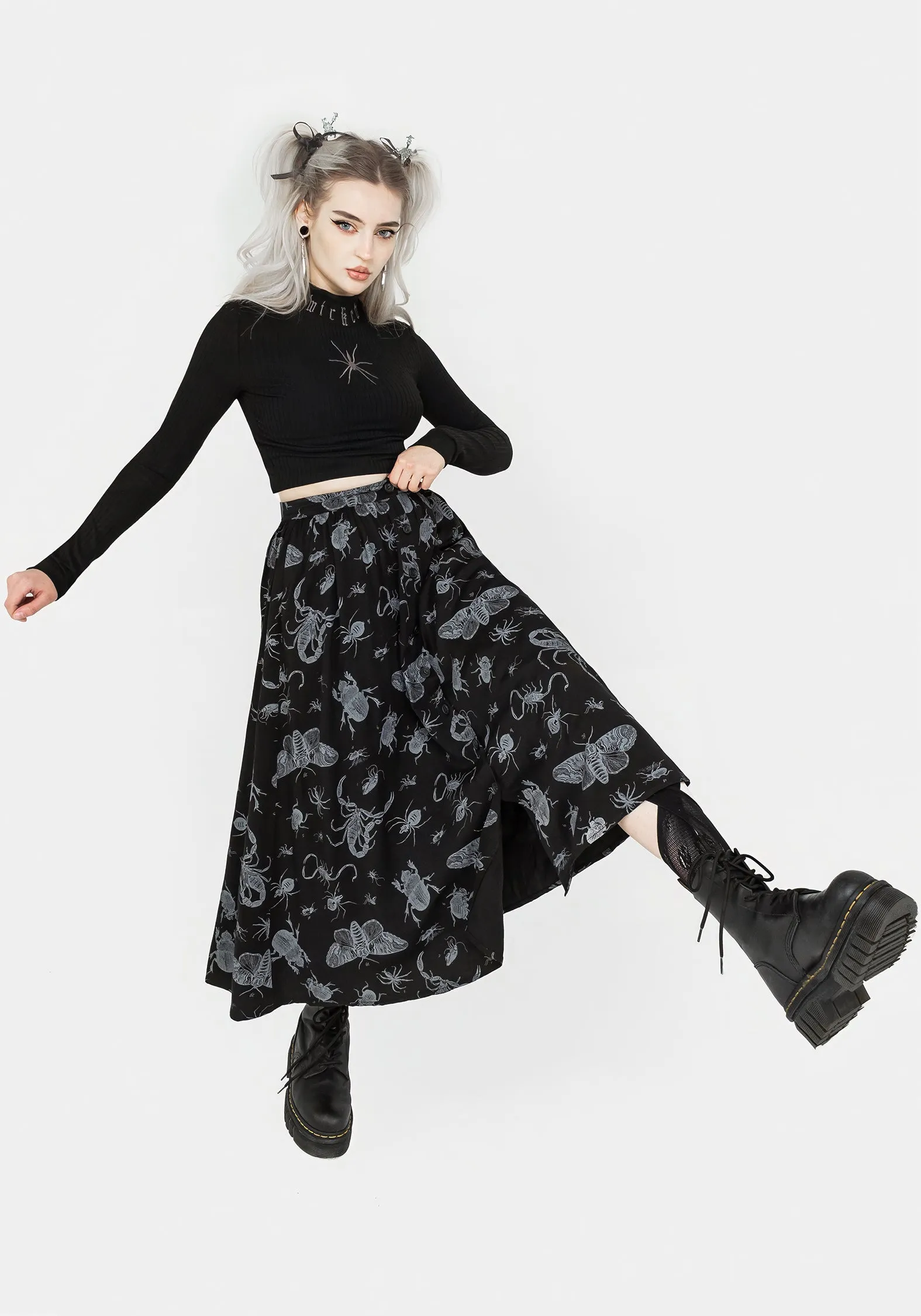 Comfy Wear Parasite Bugs Button Front Midi Skirt - Black