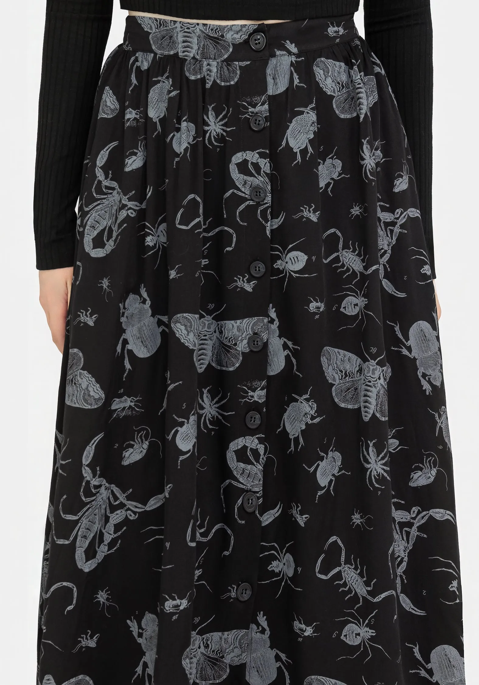 Parasite Bugs Button Front Midi Skirt - Black Runway Inspired Water Repellent