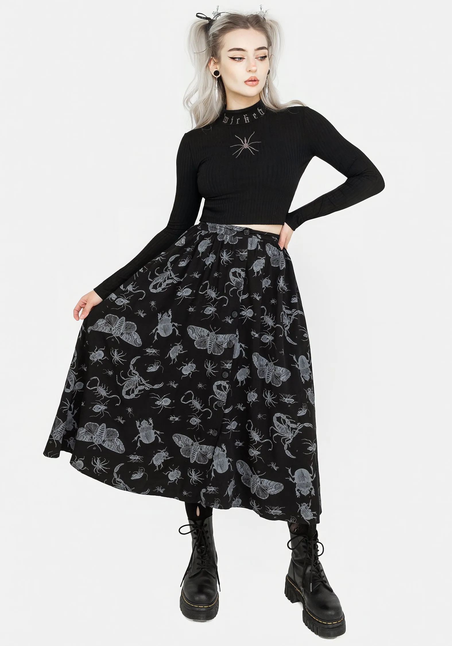 Parasite Bugs Button Front Midi Skirt - Black Crisp Finish Bold Accent
