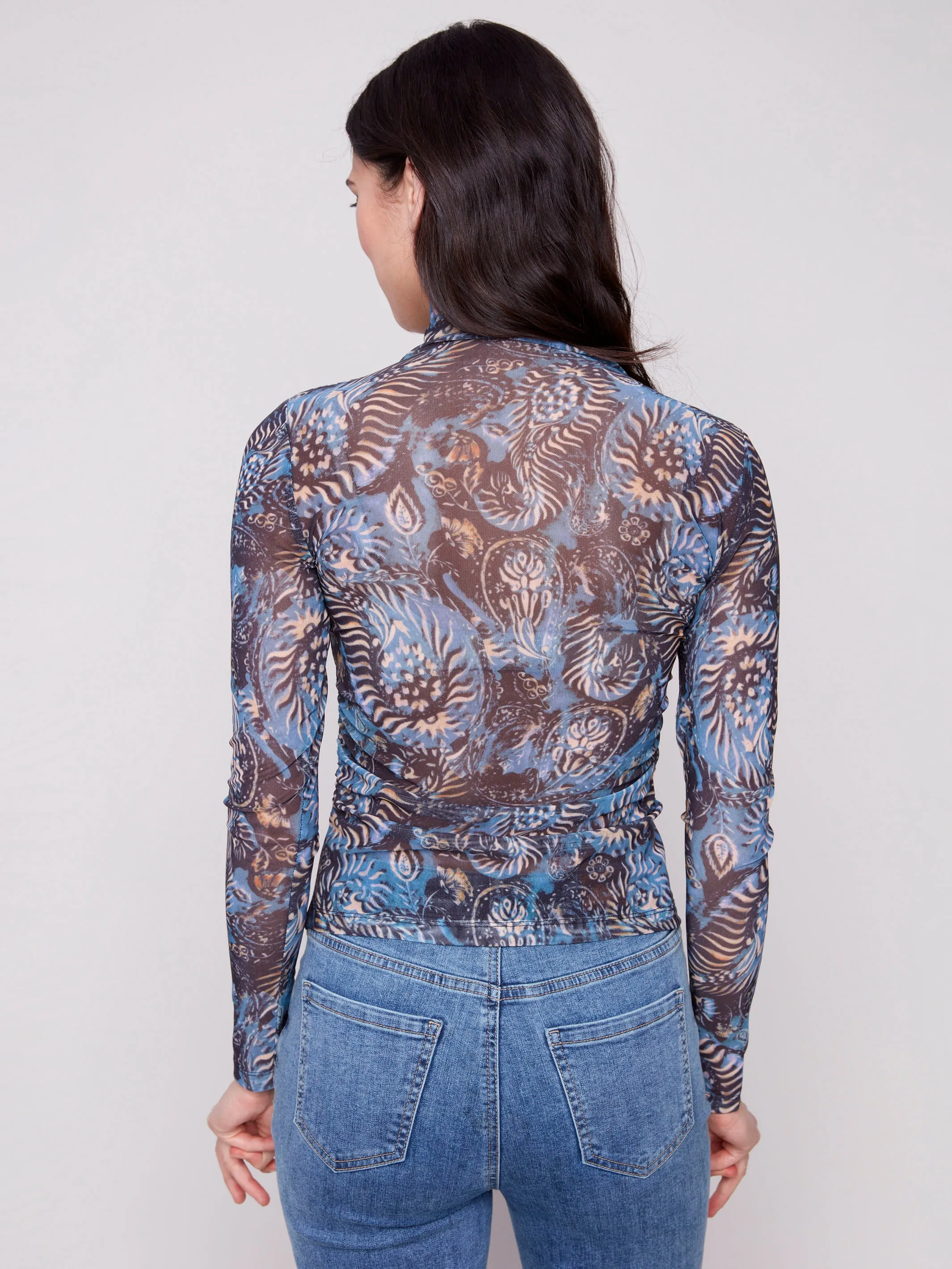High Durability Weave Premium Cotton Blend Printed Mock Neck Mesh Top - Midnight