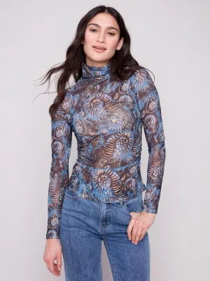 Anti Shrinkage Treatment Sporty Style Printed Mock Neck Mesh Top - Midnight