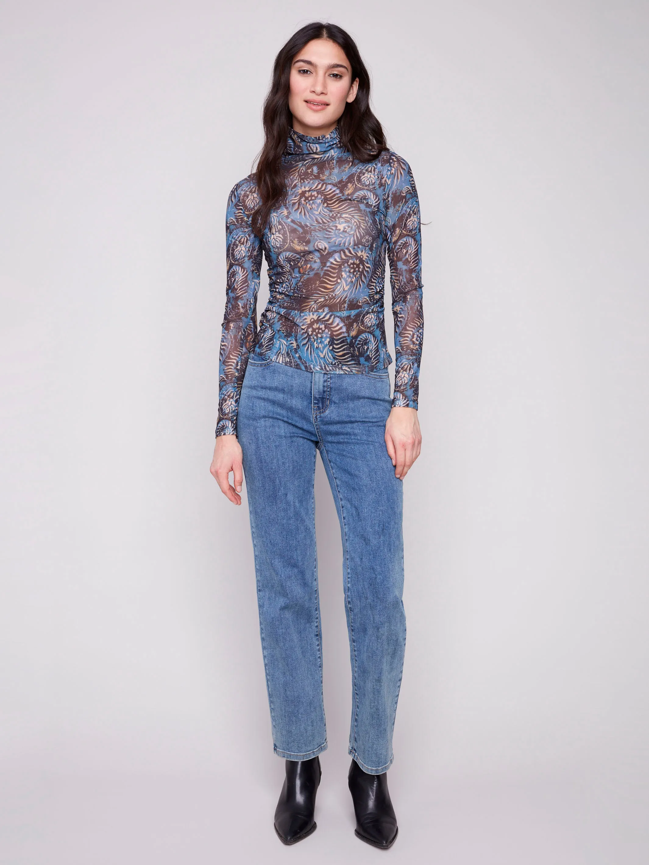 Printed Mock Neck Mesh Top - Midnight Eco Friendly Production
