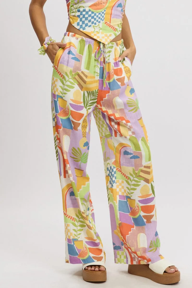 Stretchy Waist Multi Abstract Wide Leg Pants High Rise