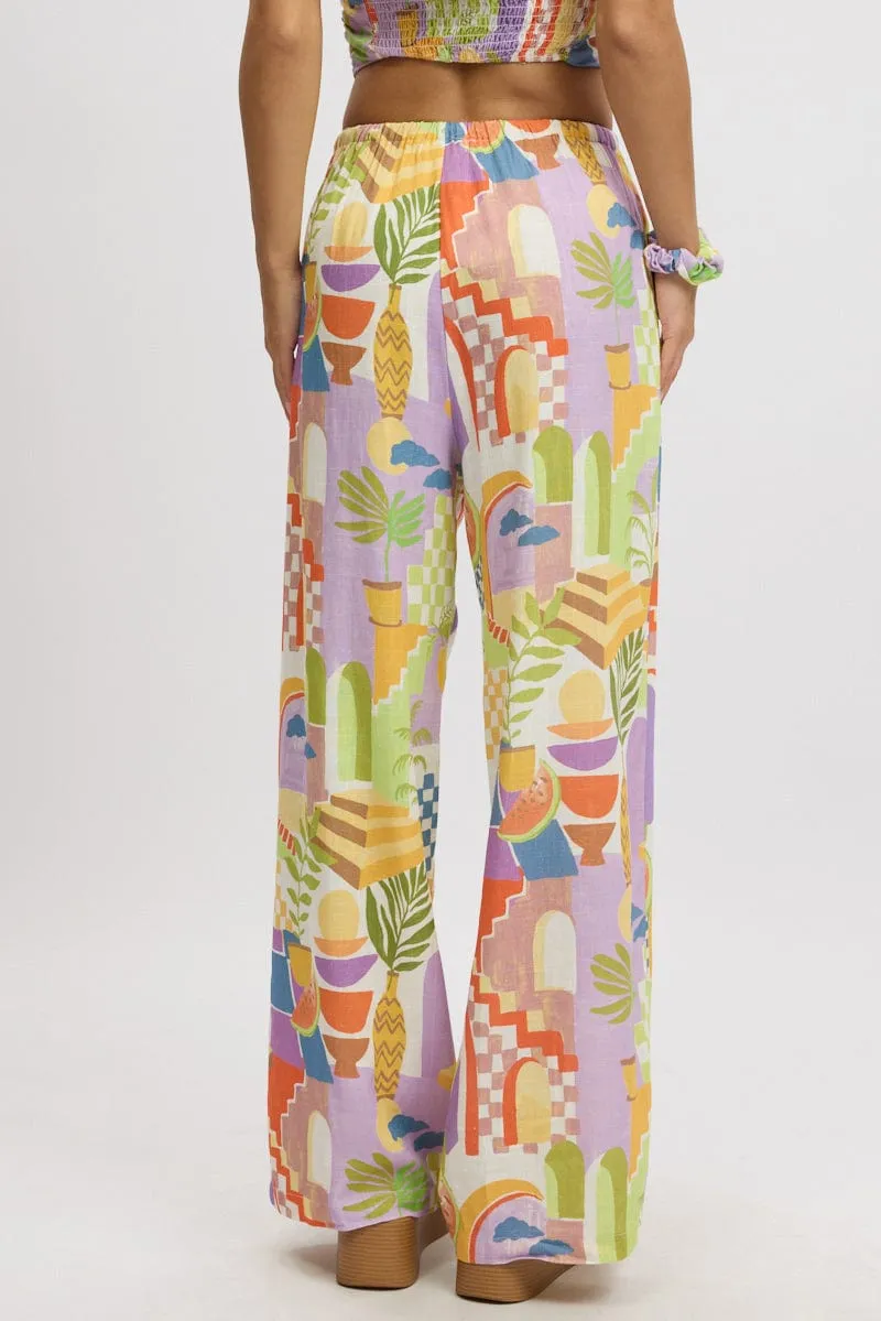 Multi Abstract Wide Leg Pants High Rise Durable Fit