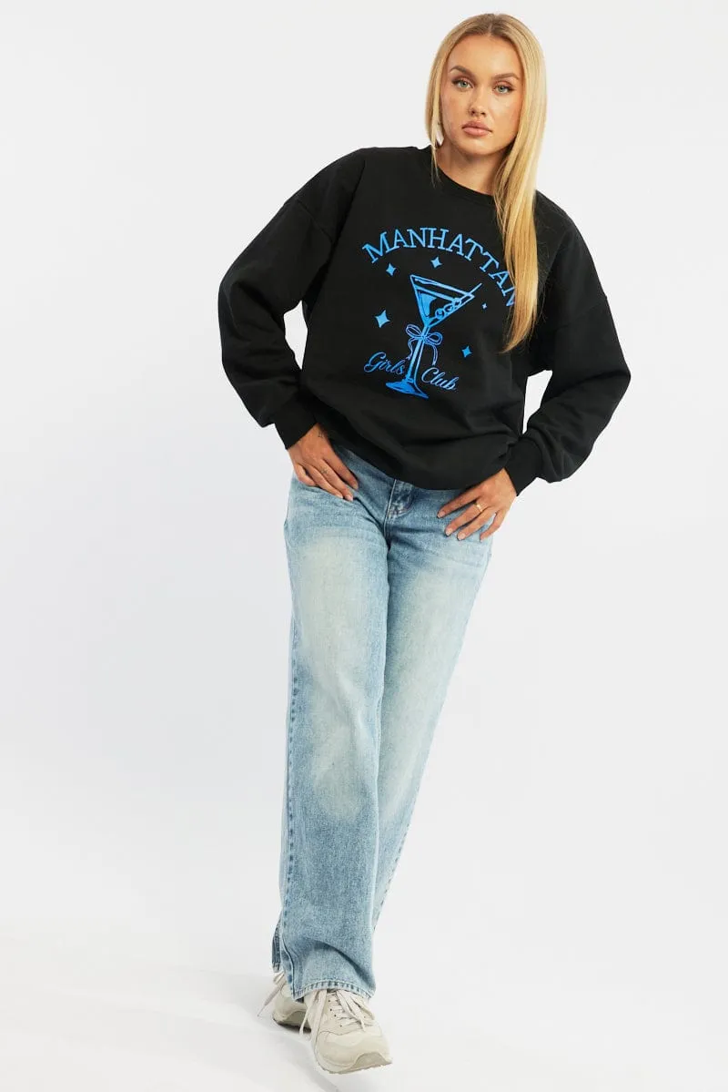 Black Graphic Sweater Long Sleeve Sporty Jacket Soft Fabric