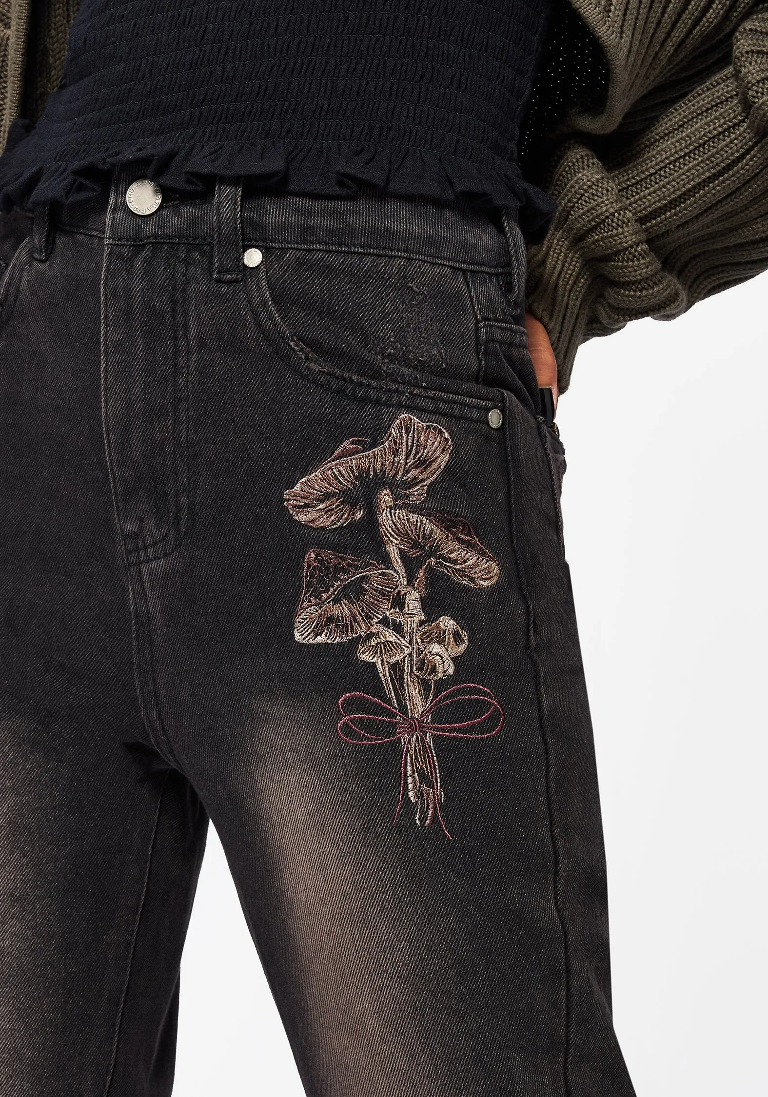 Valeria Floral Moth Embroidered Mom Jeans Artist Vibe Smooth