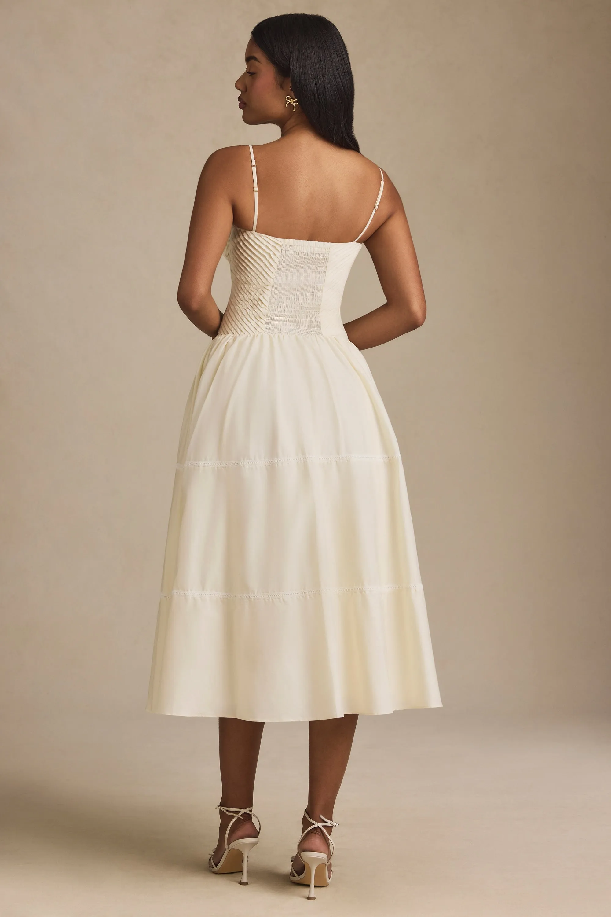 Lace-Trim Pintucked Poplin Midaxi Dress in Ivory PrecisionTailoring Rich Tone