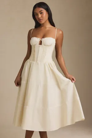 Lace-Trim Pintucked Poplin Midaxi Dress in Ivory Recycled Fit