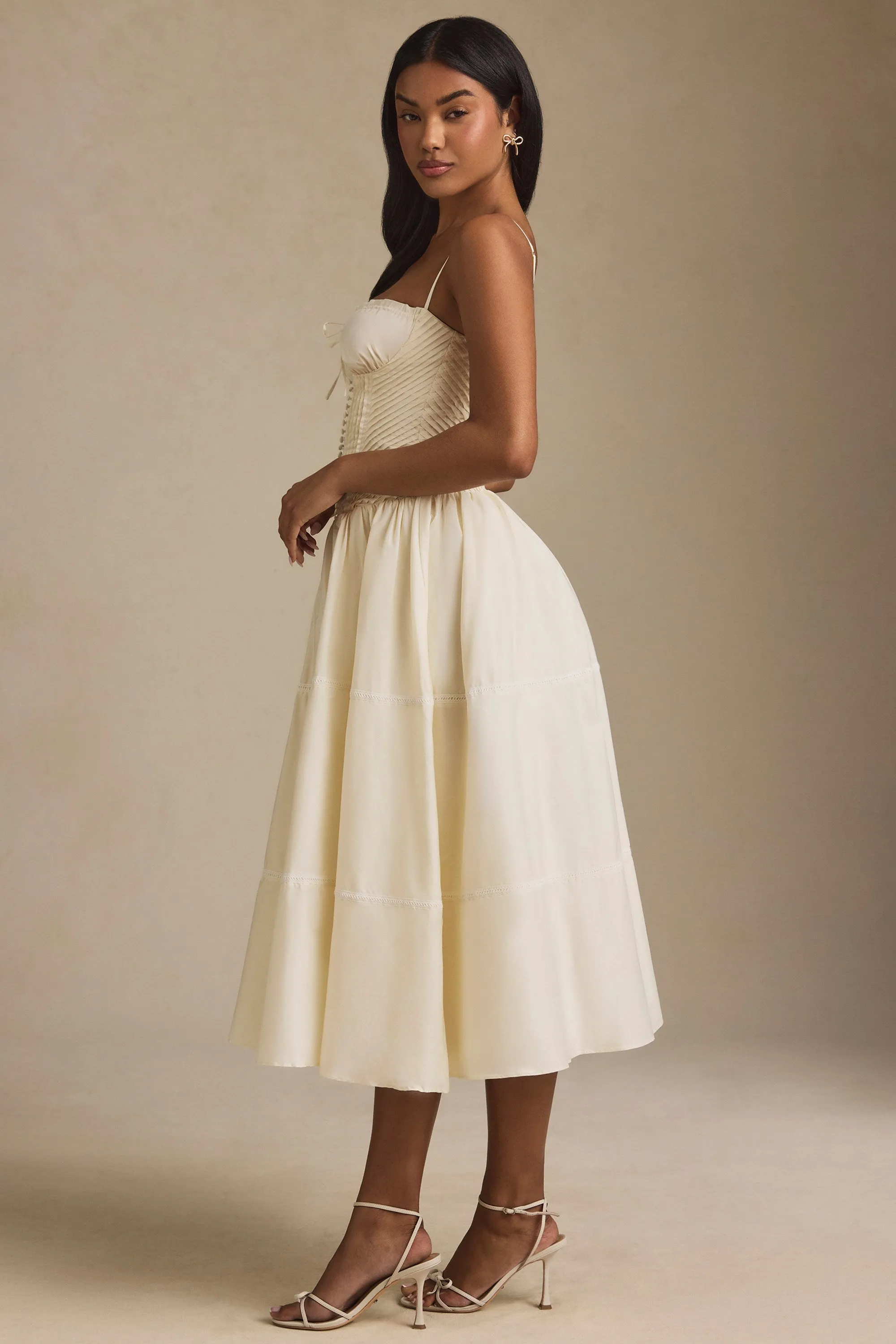 Windproof Fabric Lace-Trim Pintucked Poplin Midaxi Dress in Ivory