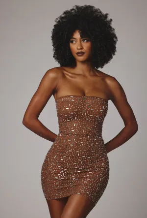 Sheer Embellished Bodycon Mini Dress in Mocha Urban Chic solo wear