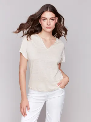 Low Profile Collar Versatile Design Foil Print Linen Blend Dolman Top - Champagne