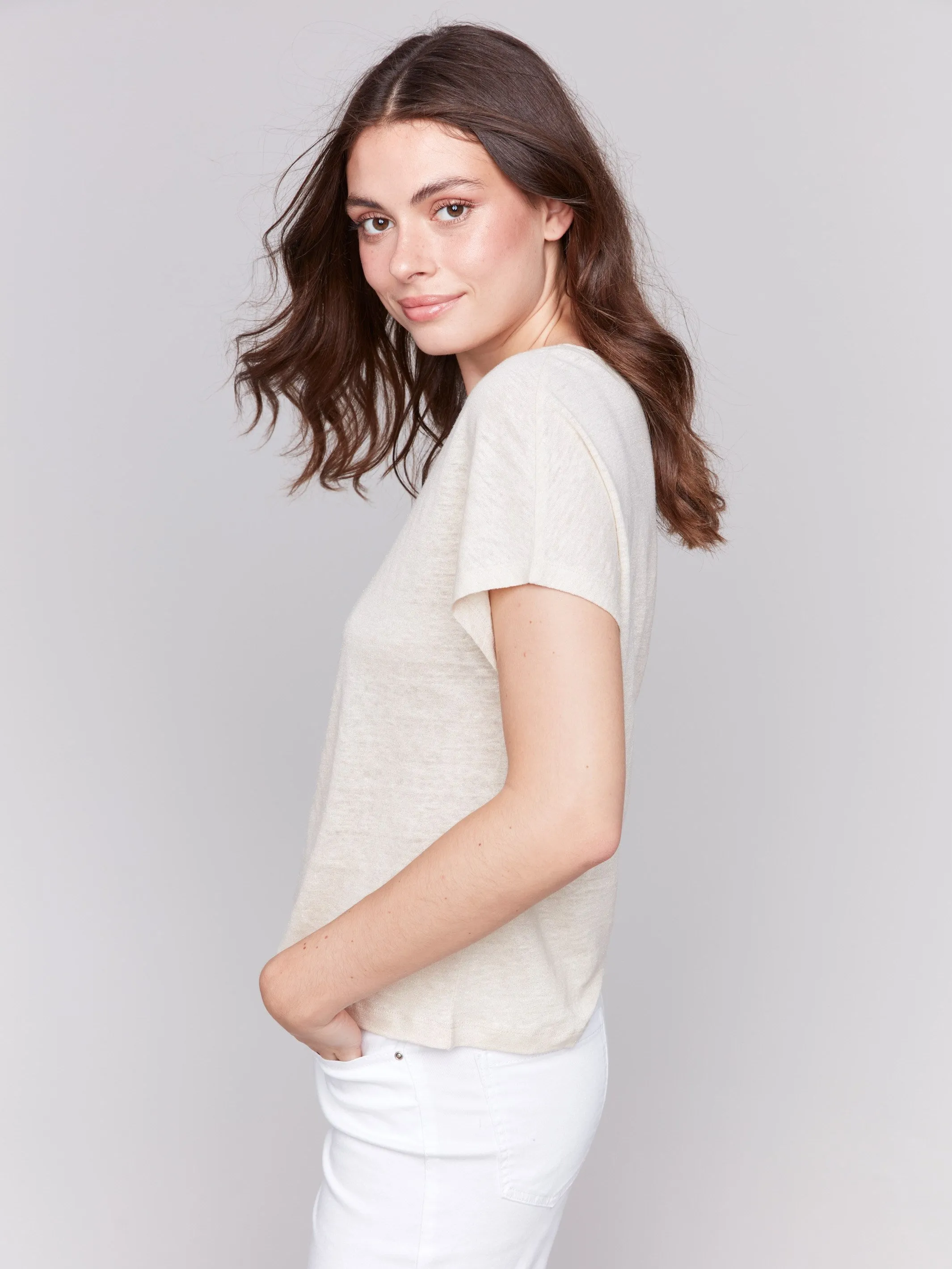 Foil Print Linen Blend Dolman Top - Champagne Trendy Piece Versatile Layering Piece