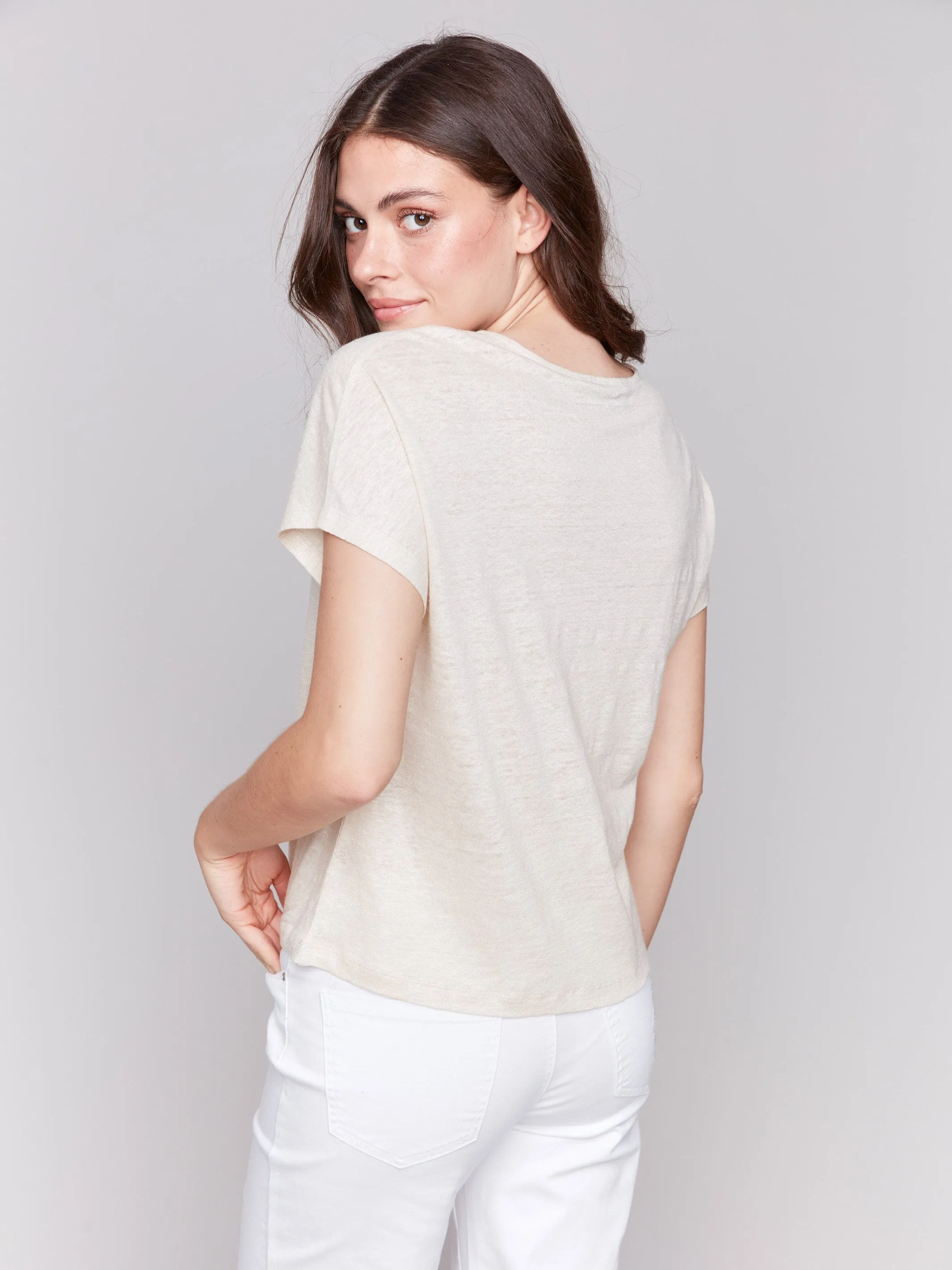 Layered Neckline Foil Print Linen Blend Dolman Top - Champagne