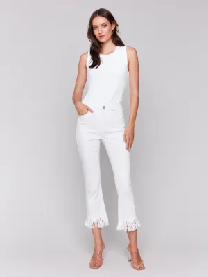 Cropped Jeans With Fringed Hem - White Brunch Outfit Night Out