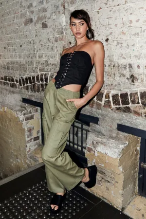 Green Cargo Pants Relaxed Wide Leg stain resistant coating
