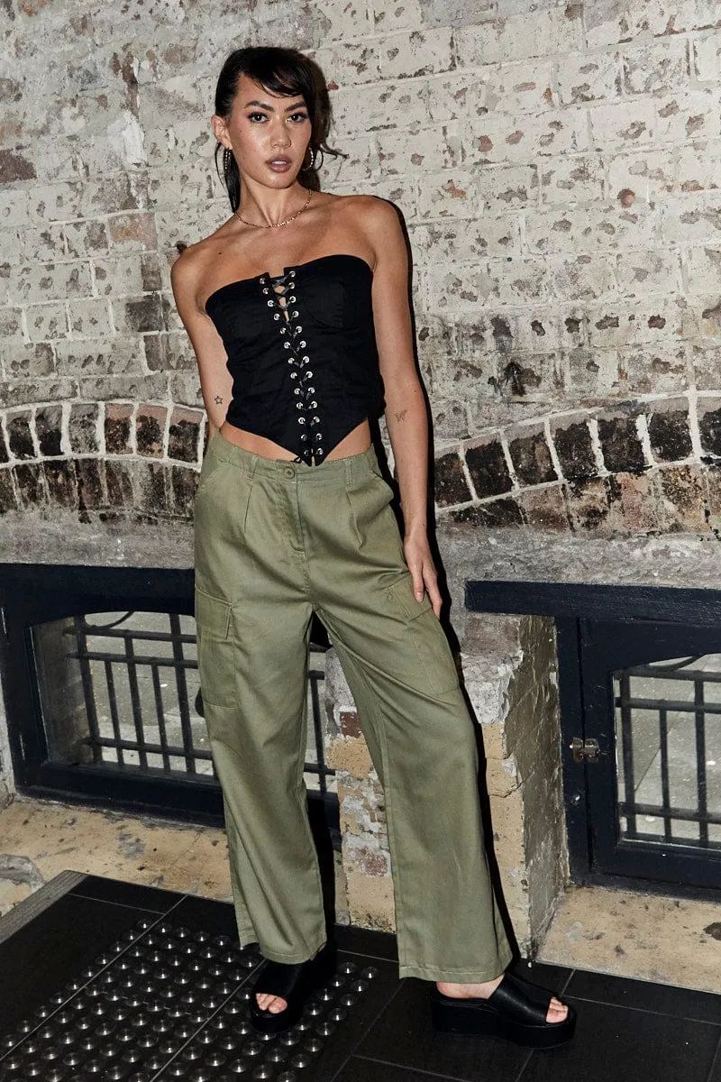 Green Cargo Pants Relaxed Wide Leg Organic Cotton Blend Layering Piece