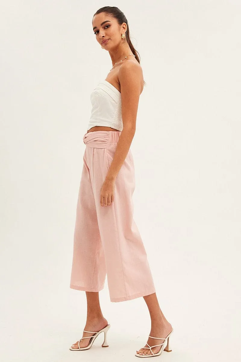 Tangle Free Cuffs Pink Twist Front Textured Cotton Pant