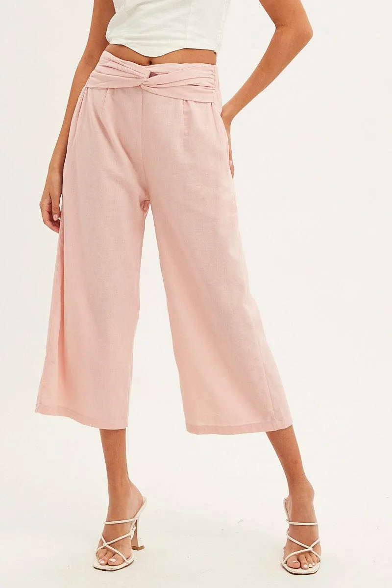 Non Irritating Tags Light Reflective Details Pink Twist Front Textured Cotton Pant