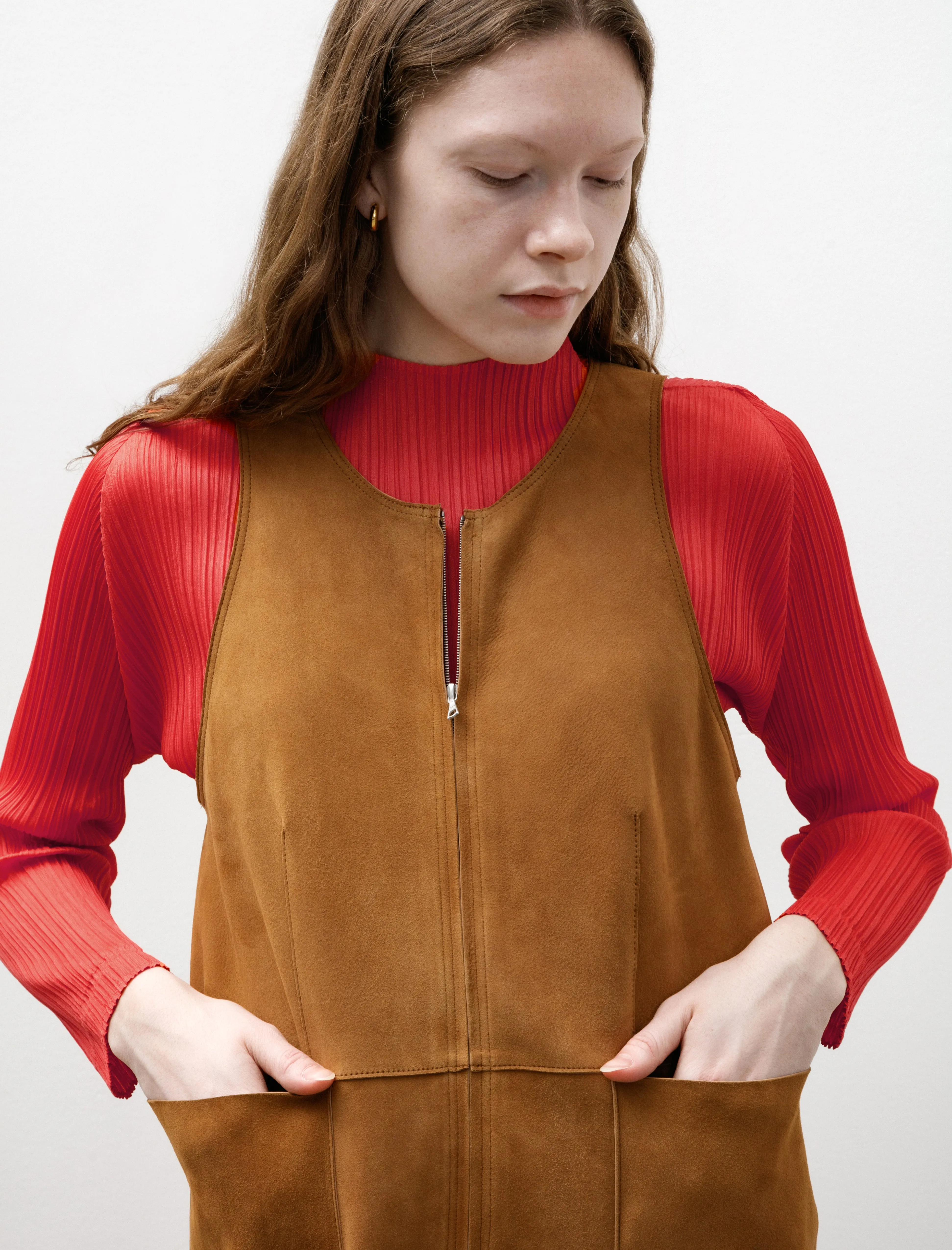 Lamb Leather Suede Zip Mini Dress Camel Comfy Fashion Smooth Yarn